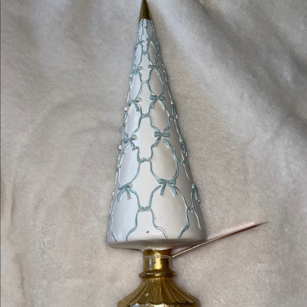 Cupcakes and cashmere Christmas Tree w blue bows across white cone & gold base